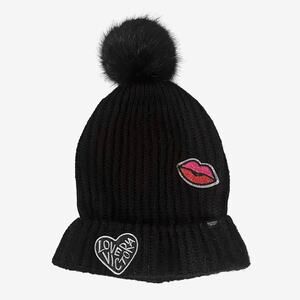 Victoria's Secret Beanie Black Ribbed Patch Pom Pom Hat